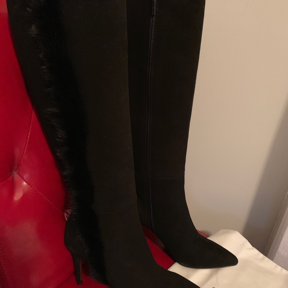 Black suede boots w mink trim